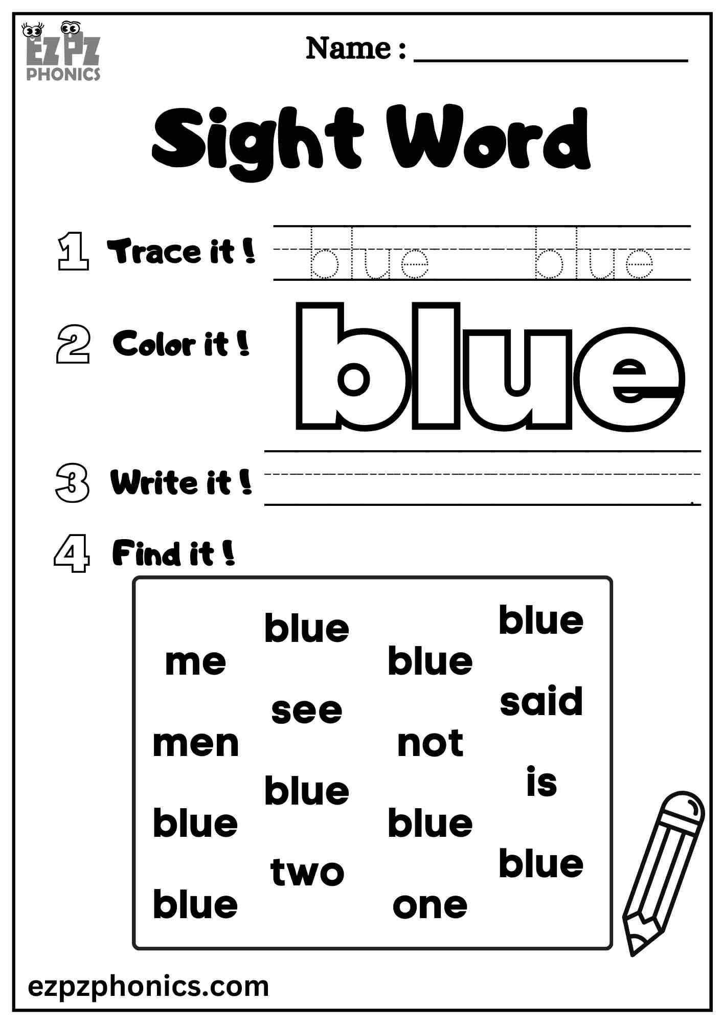 The blue Sight Word Worksheet for Pre-Kindergarten Students Dolch Sight Words Free PDF Download